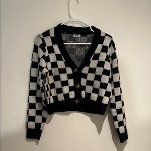 Checkered Black and White Cropped Cardigan
